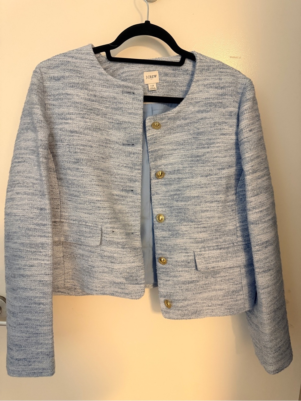 J.Crew Light Blue Textured Gold Button Lady Jacket Size 12